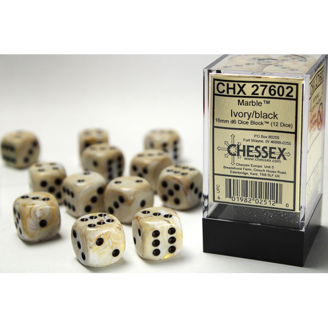 CHX 27602 Marble Ivory/black (16mm D6 12-Dice Set)
