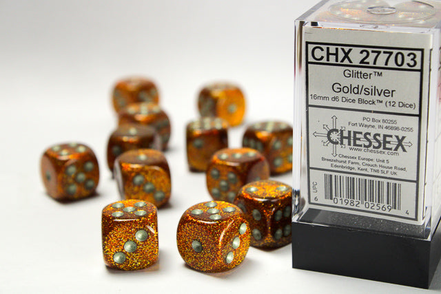 CHX 27703 Glitter Gold/silver (16mm D6 12-Dice Set)