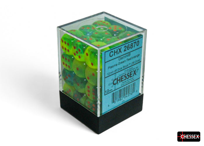 CHX 26870 Gemini Plasma Green-Teal/orange Luminary (12mm D6 36-Dice Set)