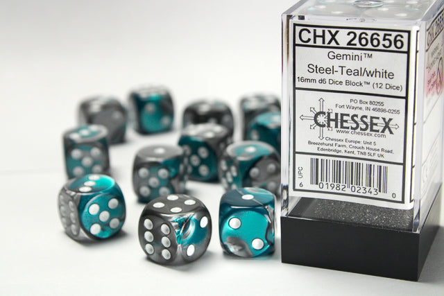 CHX 26656 Gemini Steel-Teal/white (16mm D6 12-Dice Set)