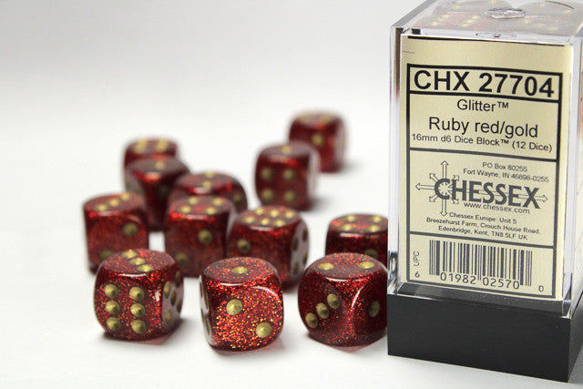 CHX 27704 Glitter Ruby Red/Gold 16mm D6 12-Dice Set