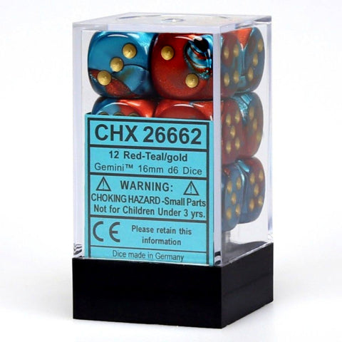 CHX 26662 Gemini Red-Teal/gold (16mm D6 12-Dice Set)