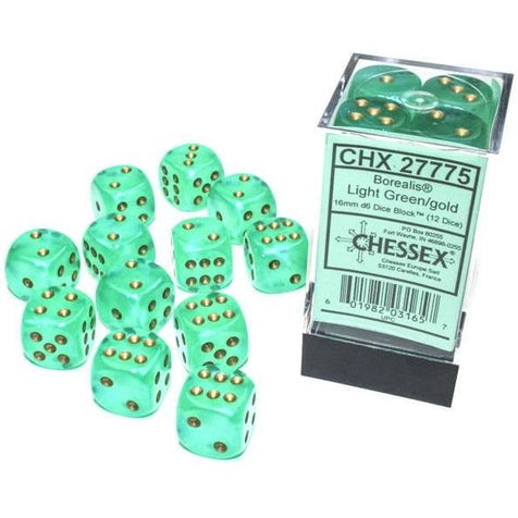 CHX 27775 Borealis Light Green/gold Luminary (16mm D6 12-Dice Set)