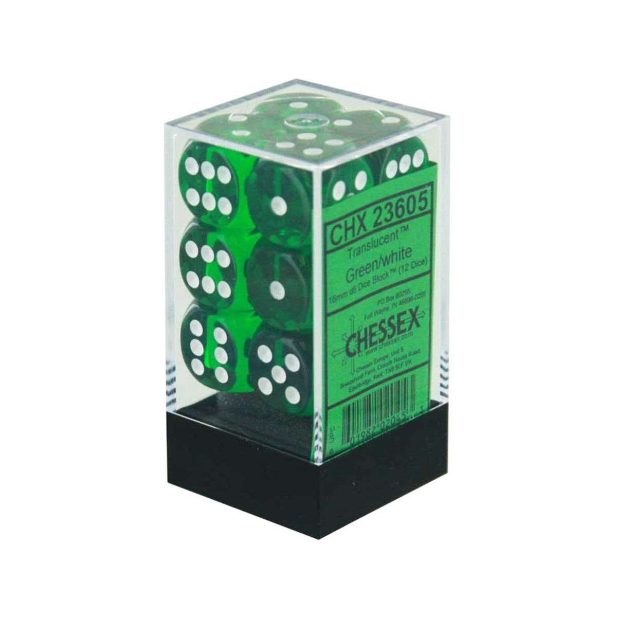 CHX 23605 Translucent Green/white (16mm D6 12-Dice Set)