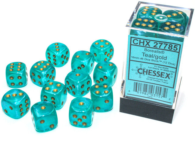 CHX 27785 Borealis Teal/gold Luminary (16mm D6 12-Dice Set)