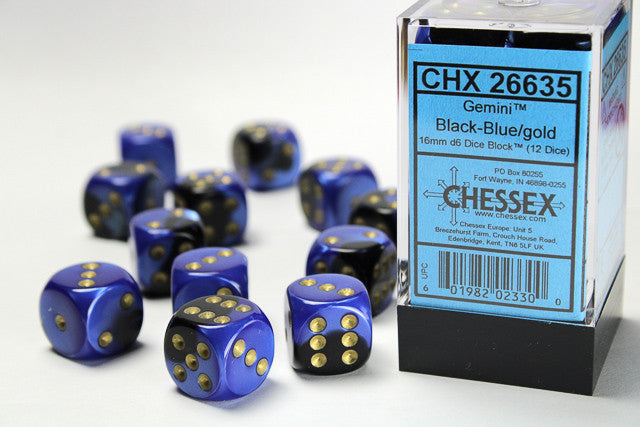 CHX 26635 Gemini Black-Blue/Gold 16mm D6 12-Dice Set