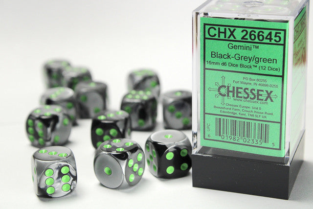 CHX 26645 Gemini Black-Grey/green (16mm D6 12-Dice Set)