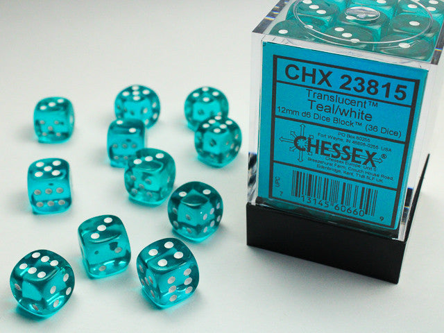 CHX 23815 Translucent Teal/white (12mm D6 36-Dice Set)