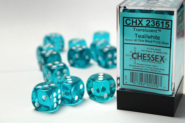 CHX 23615 Translucent Teal/white (16mm D6 12-Dice Set)