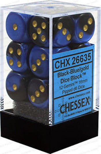 CHX 26635 Gemini Black-Blue/Gold 16mm D6 12-Dice Set