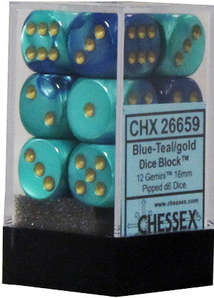 CHX 26659 Gemini Blue-Teal/gold (16mm D6 12-Dice Set)