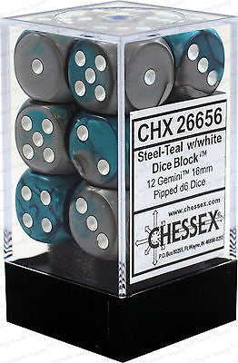 CHX 26656 Gemini Steel-Teal/white (16mm D6 12-Dice Set)