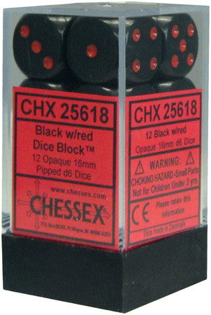 CHX 25618 Opaque Black/red (16mm D6 12-Dice Set)