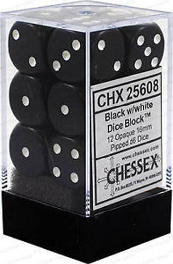 CHX 25608 Opaque Black/white (16mm D6 12-Dice Set)