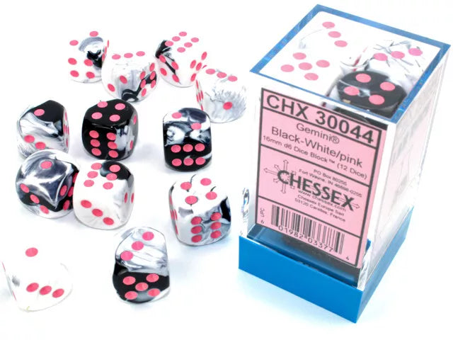 CHX 30044 Gemini Black-White/pink - 16mm D6 12-Dice Set