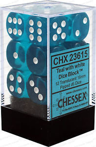CHX 23615 Translucent Teal/white (16mm D6 12-Dice Set)