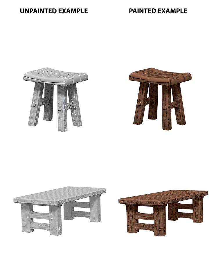 D&D - Wooden Table & Stools (Wizkids Deep Cuts Unpainted Miniatures)