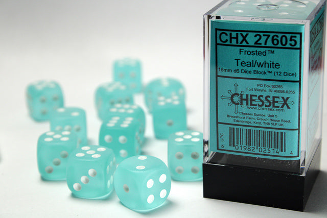 CHX 27605 Frosted Teal/white (16mm D6 12-Dice Set)