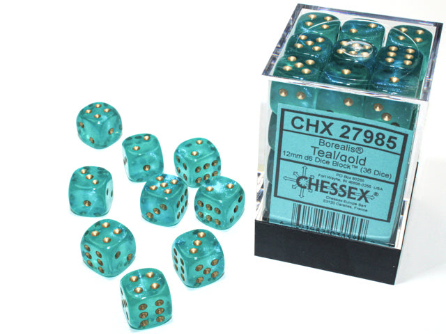 CHX 27985 Borealis Teal/gold Luminary (12mm D6 36-Dice Set)