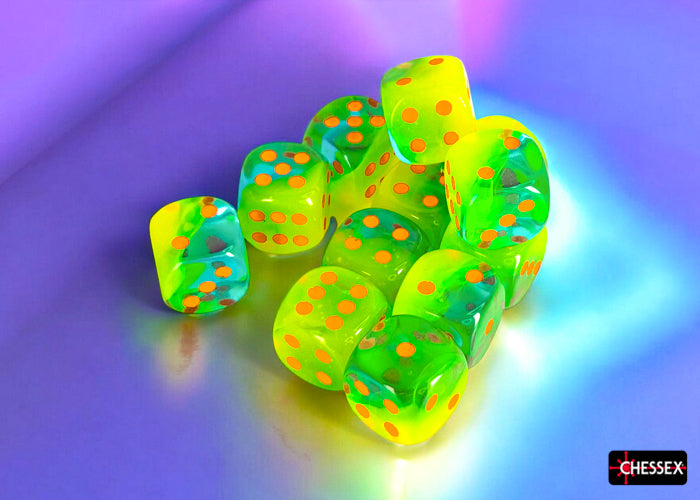 CHX 26670 Gemini Plasma Green-Teal/orange Luminary (16mm D6 12-Dice Set)