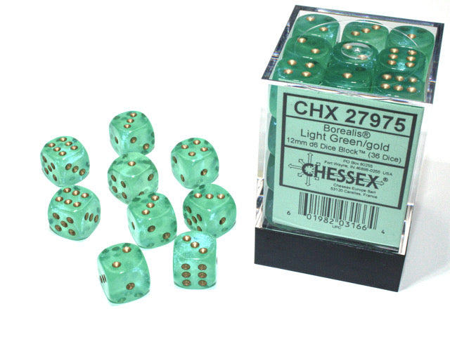 CHX 27975 Borealis Light Green/gold Luminary 12mm D6 36-Dice Set