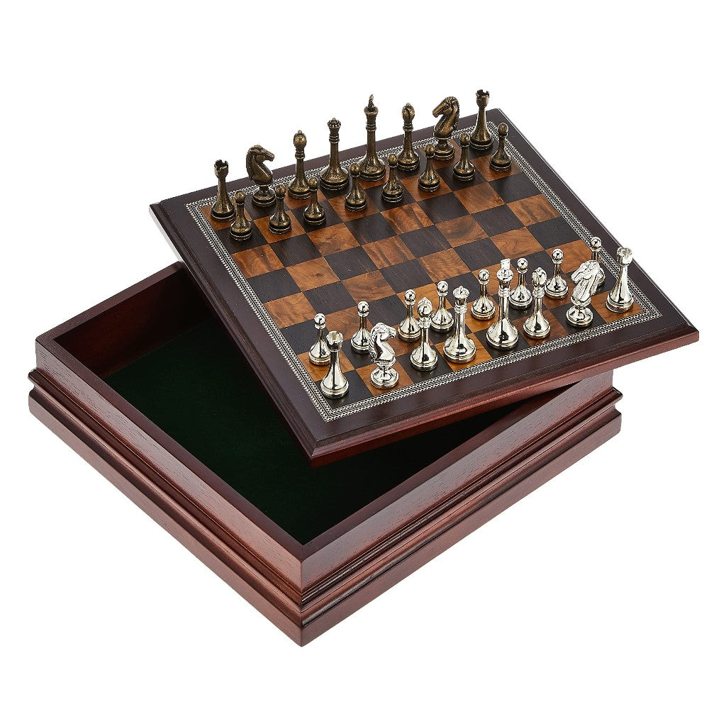 Chess - Deluxe 12&quot; Wooden Chess Box with Heavy Metal Chessmen [Hansen]