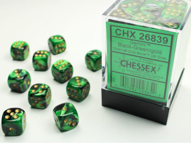 CHX 26839 Gemini Black-Green/gold 12mm D6 36-Dice Set