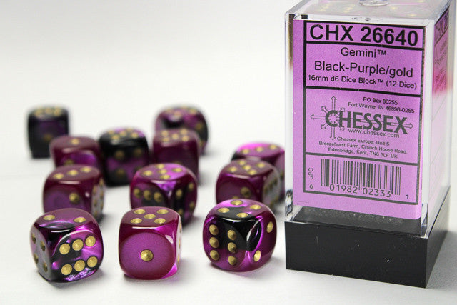 CHX 26640 Gemini Black-Purple/gold (16mm D6 12-Dice Set)