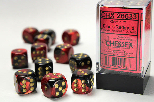 CHX 26633 Gemini Black-Red/Gold 16mm D6 12-Dice Set