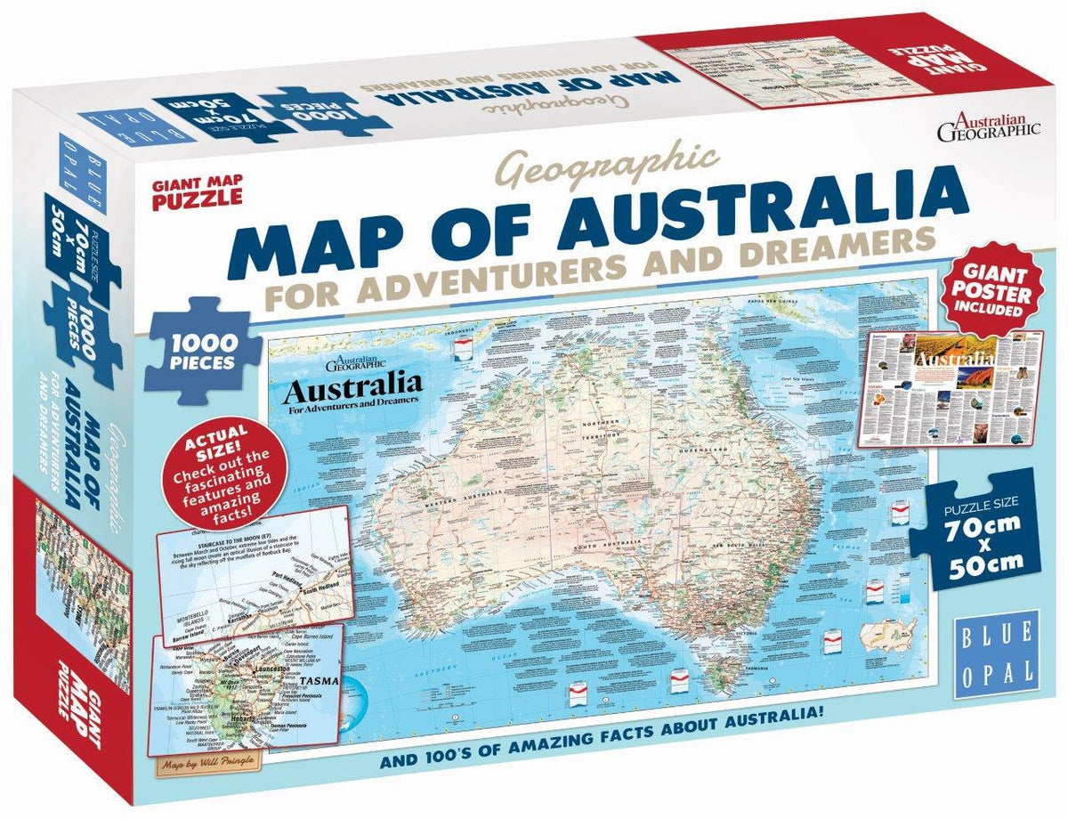 Geographic Map of Australia - For Adventurers and Dreamers 1000pc + Giant Poster (Blue Opal Puzzle)